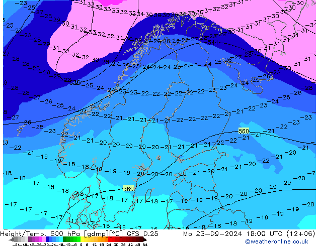 Z500/Rain (+SLP)/Z850 GFS 0.25 pon. 23.09.2024 18 UTC