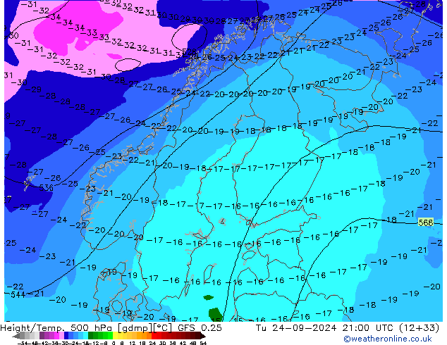 Z500/Rain (+SLP)/Z850 GFS 0.25 Út 24.09.2024 21 UTC