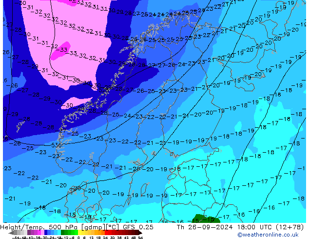 Z500/Rain (+SLP)/Z850 GFS 0.25 jue 26.09.2024 18 UTC