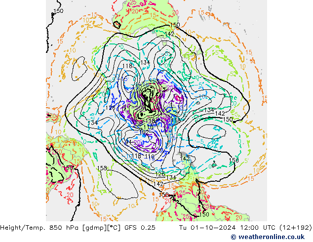 Z500/Rain (+SLP)/Z850 GFS 0.25 Tu 01.10.2024 12 UTC