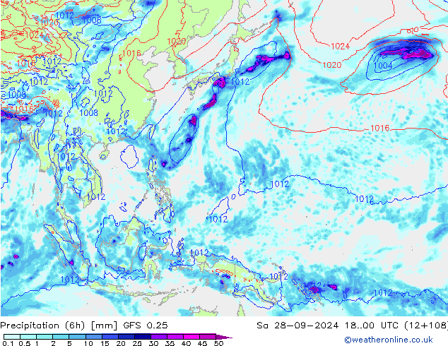 Précipitation (6h) GFS 0.25 sam 28.09.2024 00 UTC