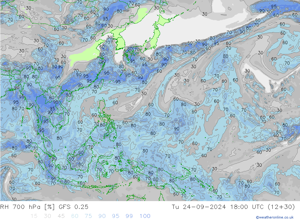 RH 700 hPa GFS 0.25 wto. 24.09.2024 18 UTC