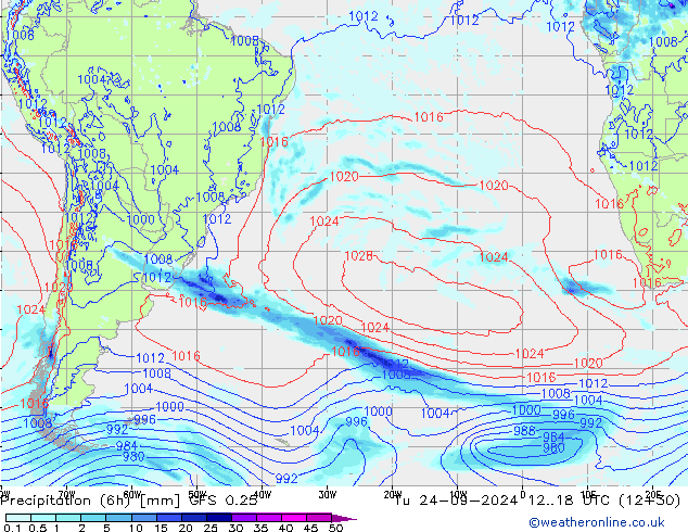 Z500/Rain (+SLP)/Z850 GFS 0.25 вт 24.09.2024 18 UTC