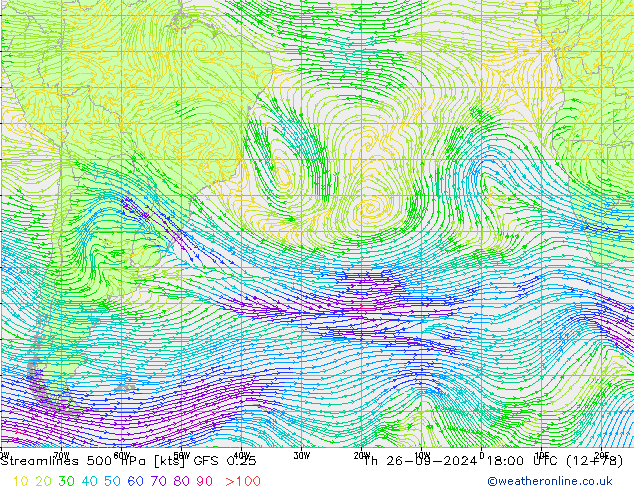 Linha de corrente 500 hPa GFS 0.25 Qui 26.09.2024 18 UTC