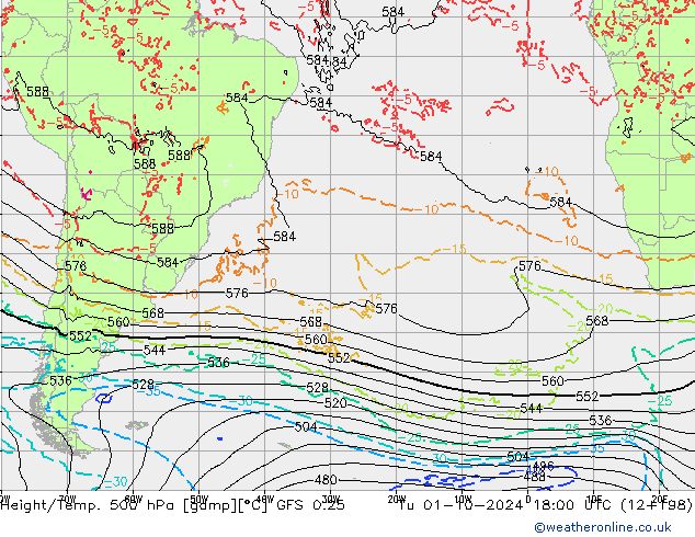 Z500/Rain (+SLP)/Z850 GFS 0.25 wto. 01.10.2024 18 UTC