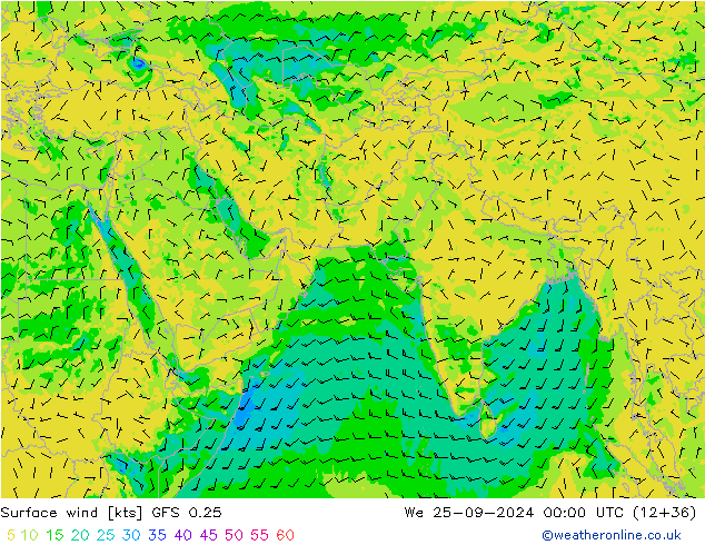 Vento 10 m GFS 0.25 Qua 25.09.2024 00 UTC