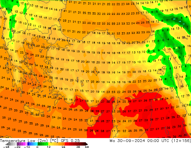 Minumum Değer (2m) GFS 0.25 Pzt 30.09.2024 00 UTC