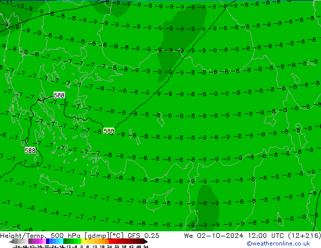 Z500/Rain (+SLP)/Z850 GFS 0.25 Qua 02.10.2024 12 UTC