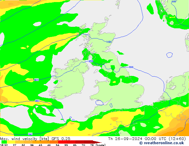 Max. wind velocity GFS 0.25 чт 26.09.2024 00 UTC