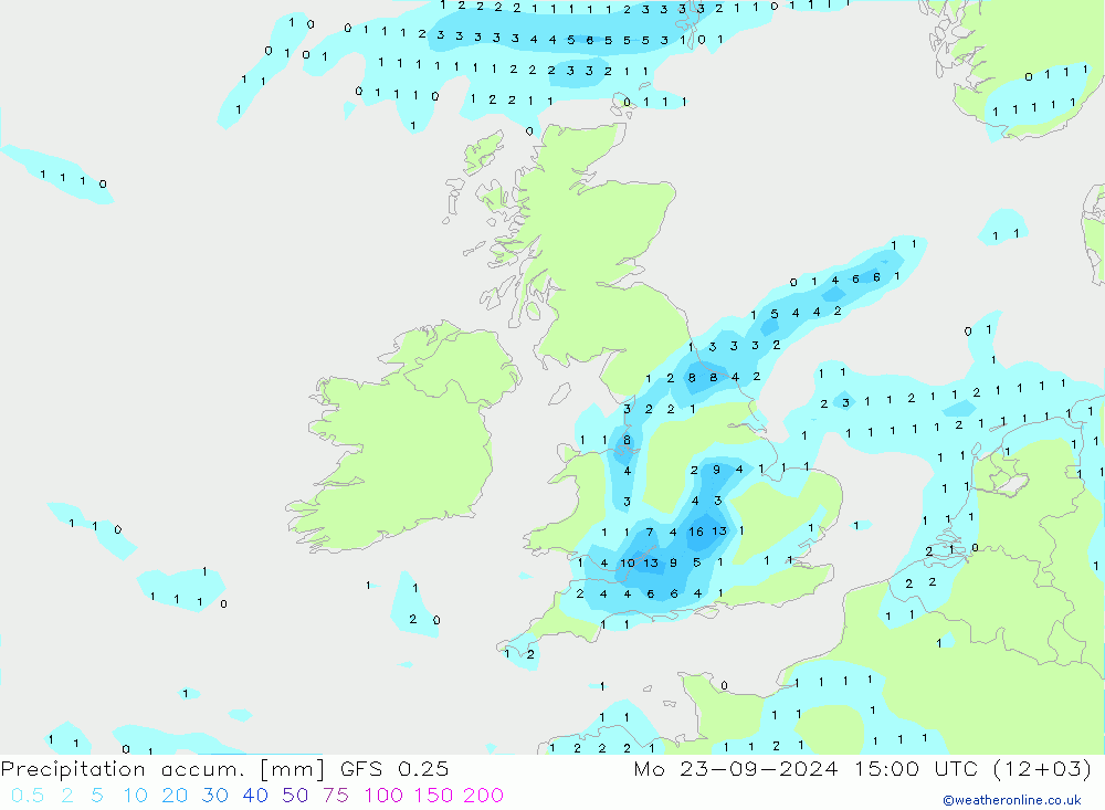 Precipitation accum. GFS 0.25 Po 23.09.2024 15 UTC