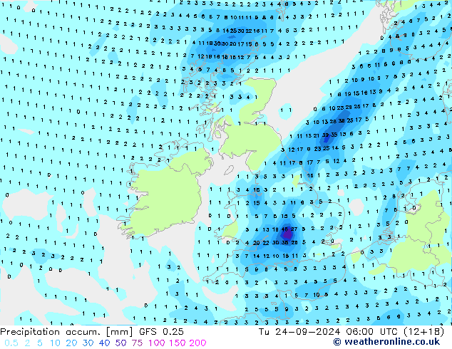 Totale neerslag GFS 0.25 di 24.09.2024 06 UTC