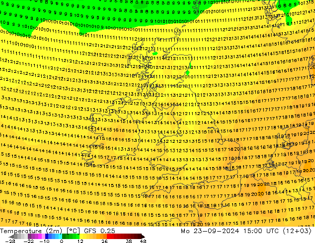 Temperaturkarte (2m) GFS 0.25 Mo 23.09.2024 15 UTC