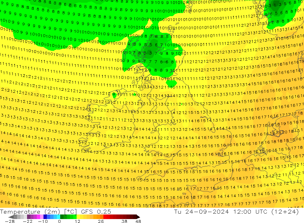 Sıcaklık Haritası (2m) GFS 0.25 Sa 24.09.2024 12 UTC