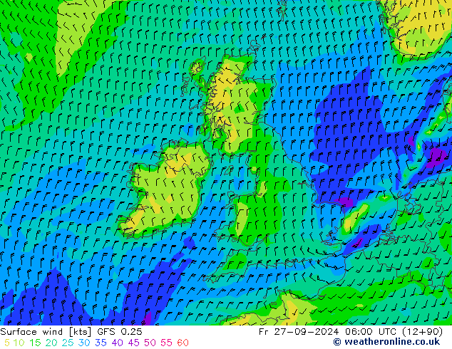 Viento 10 m GFS 0.25 vie 27.09.2024 06 UTC