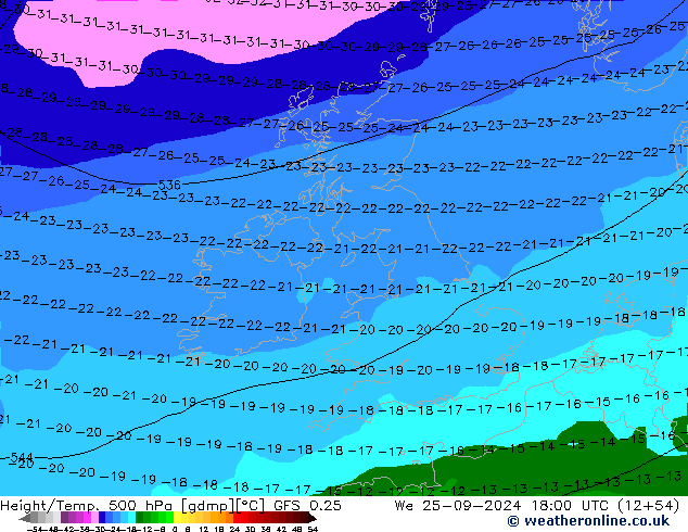 Z500/Rain (+SLP)/Z850 GFS 0.25 Qua 25.09.2024 18 UTC