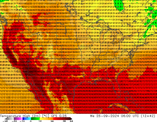 temperatura máx. (2m) GFS 0.25 Qua 25.09.2024 06 UTC