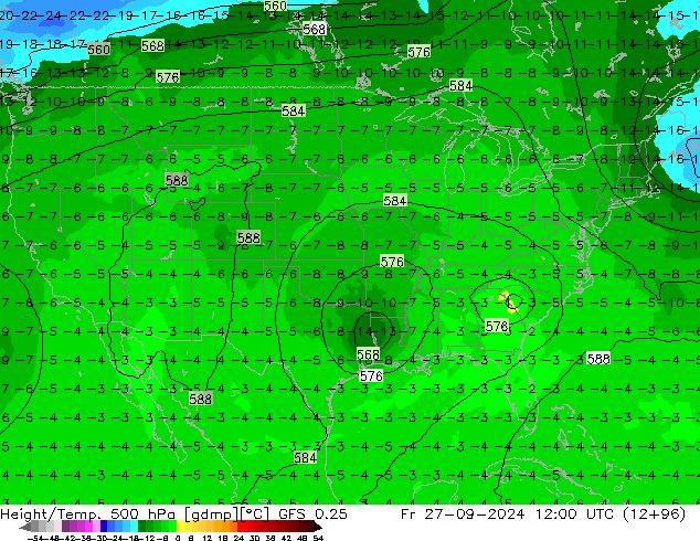 Z500/Rain (+SLP)/Z850 GFS 0.25  27.09.2024 12 UTC