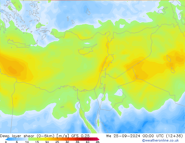 Deep layer shear (0-6km) GFS 0.25 ср 25.09.2024 00 UTC