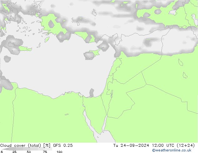 Cloud cover (total) GFS 0.25 Tu 24.09.2024 12 UTC