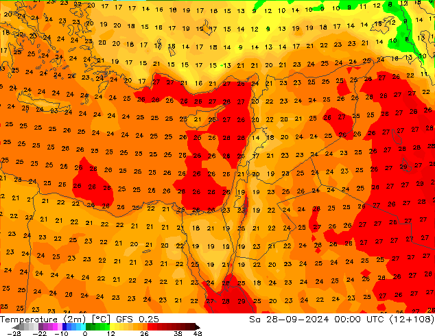 Temperature (2m) GFS 0.25 So 28.09.2024 00 UTC