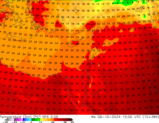 Temperature (2m) GFS 0.25 We 09.10.2024 12 UTC