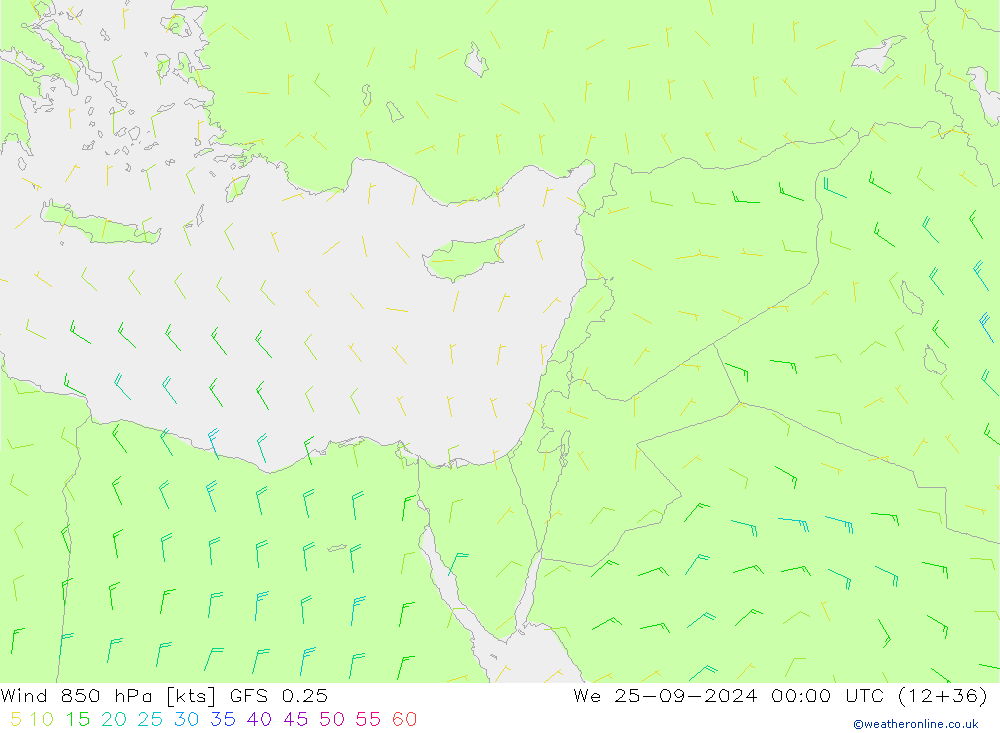 Vento 850 hPa GFS 0.25 mer 25.09.2024 00 UTC