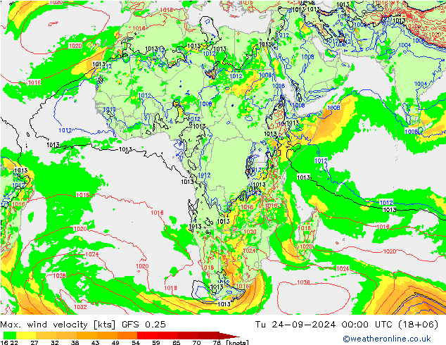 Max. wind velocity GFS 0.25 Tu 24.09.2024 00 UTC