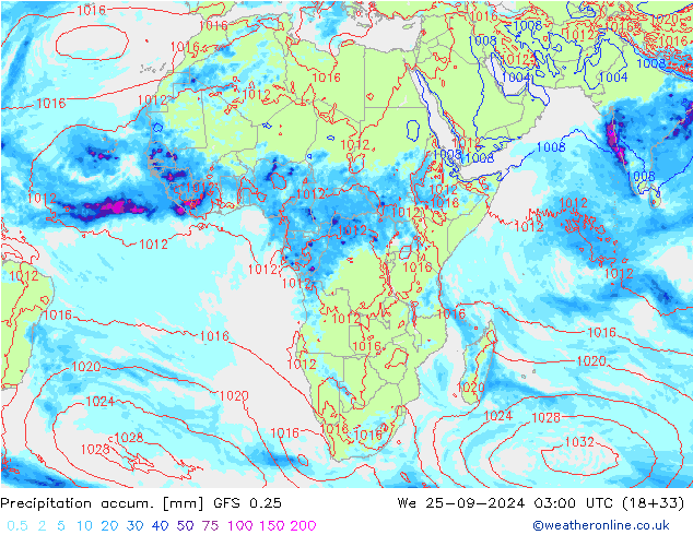 Précipitation accum. GFS 0.25 mer 25.09.2024 03 UTC