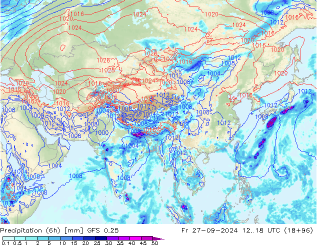 Z500/Rain (+SLP)/Z850 GFS 0.25 ven 27.09.2024 18 UTC