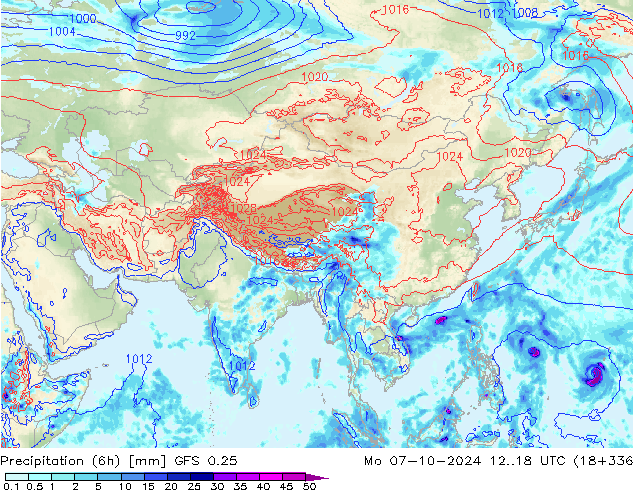 Precipitation (6h) GFS 0.25 Mo 07.10.2024 18 UTC