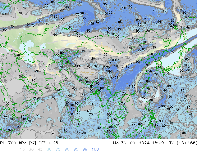 RH 700 hPa GFS 0.25 pon. 30.09.2024 18 UTC