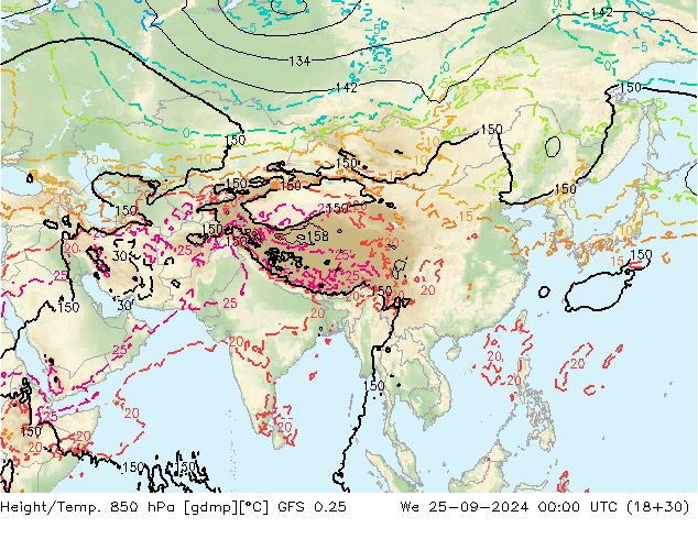 Hoogte/Temp. 850 hPa GFS 0.25 wo 25.09.2024 00 UTC