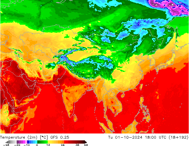 mapa temperatury (2m) GFS 0.25 wto. 01.10.2024 18 UTC