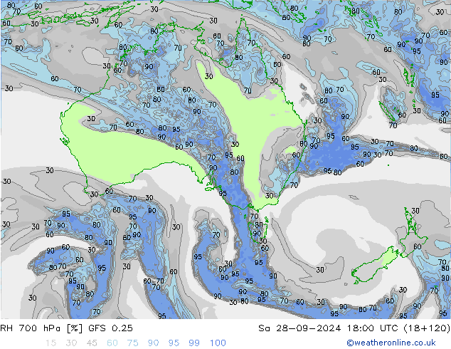 RH 700 hPa GFS 0.25 so. 28.09.2024 18 UTC