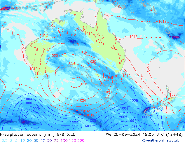 Precipitation accum. GFS 0.25 Qua 25.09.2024 18 UTC