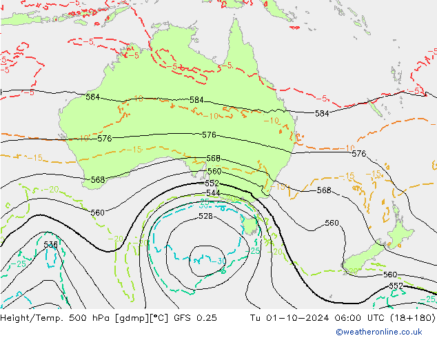 Z500/Rain (+SLP)/Z850 GFS 0.25  01.10.2024 06 UTC