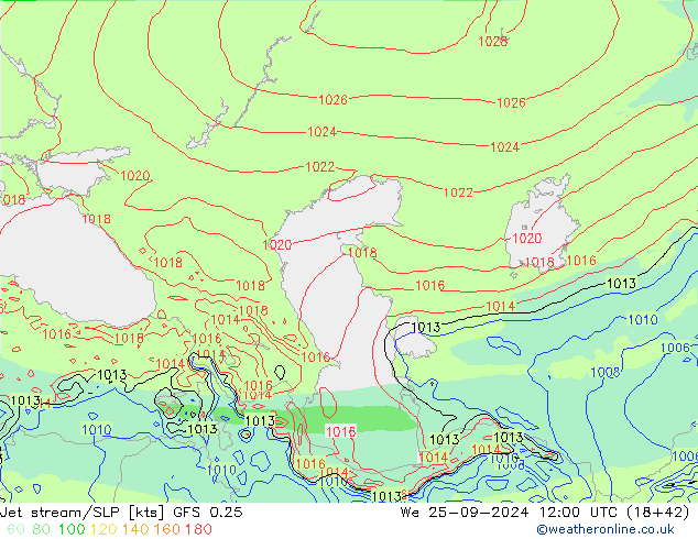 Corrente a getto GFS 0.25 mer 25.09.2024 12 UTC