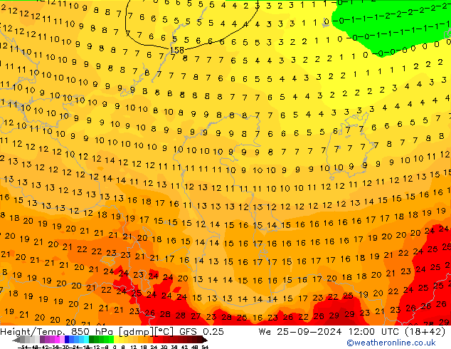 Z500/Rain (+SLP)/Z850 GFS 0.25 We 25.09.2024 12 UTC