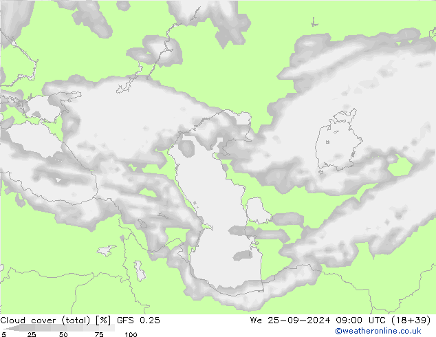 Cloud cover (total) GFS 0.25 We 25.09.2024 09 UTC