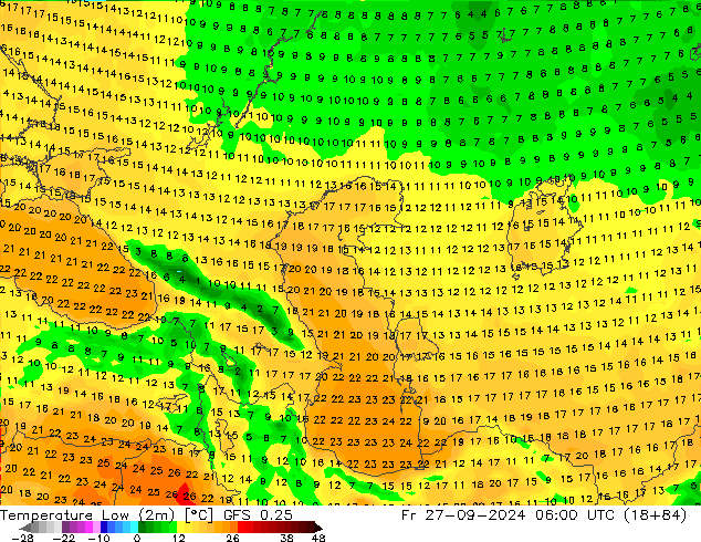 Min. Temperatura (2m) GFS 0.25 pt. 27.09.2024 06 UTC