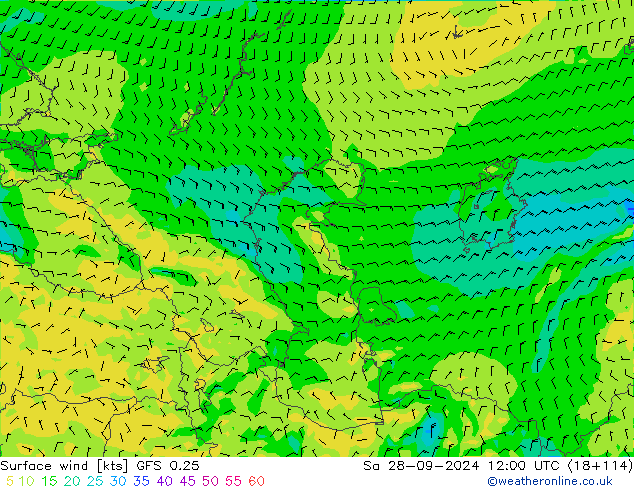 wiatr 10 m GFS 0.25 so. 28.09.2024 12 UTC