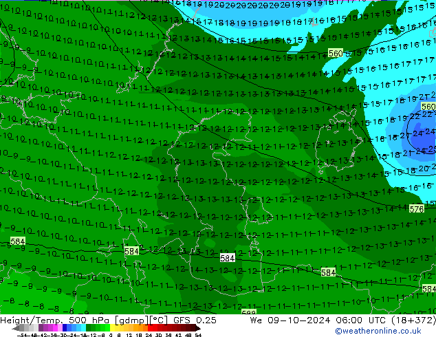 Z500/Rain (+SLP)/Z850 GFS 0.25 śro. 09.10.2024 06 UTC