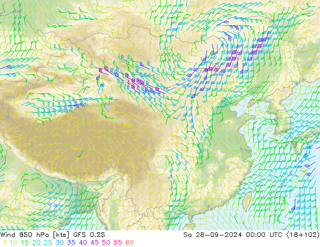 Vent 850 hPa GFS 0.25 sam 28.09.2024 00 UTC