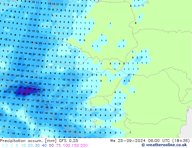 Precipitation accum. GFS 0.25 We 25.09.2024 06 UTC