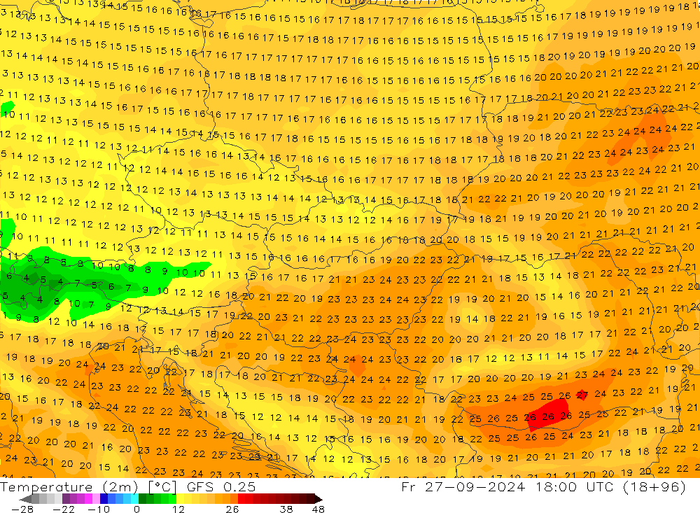 Temperatura (2m) GFS 0.25 ven 27.09.2024 18 UTC