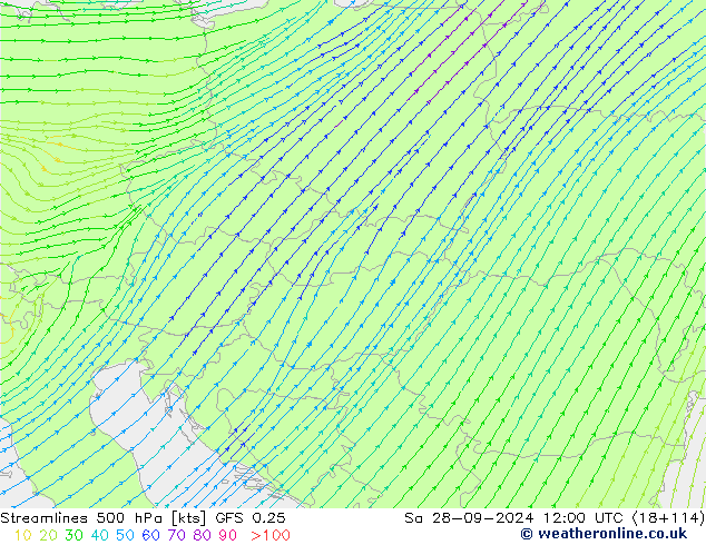 Linia prądu 500 hPa GFS 0.25 so. 28.09.2024 12 UTC