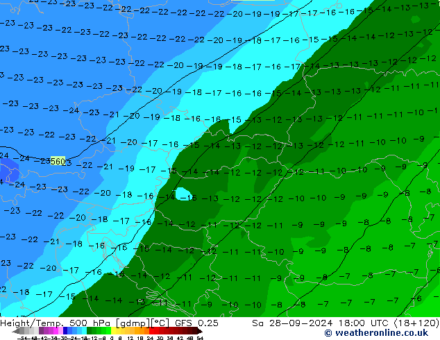 Z500/Rain (+SLP)/Z850 GFS 0.25 sáb 28.09.2024 18 UTC