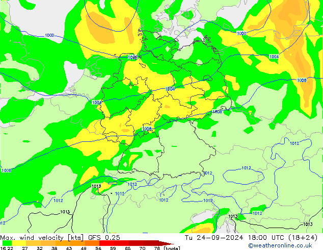 Max. wind velocity GFS 0.25 Út 24.09.2024 18 UTC