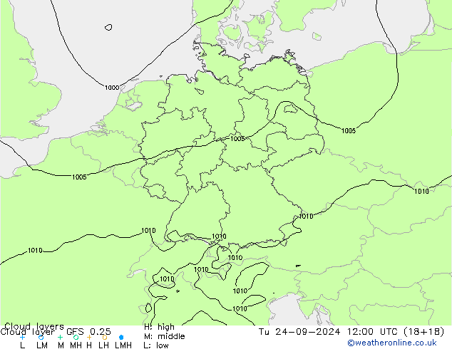 Chmura warstwa GFS 0.25 wto. 24.09.2024 12 UTC