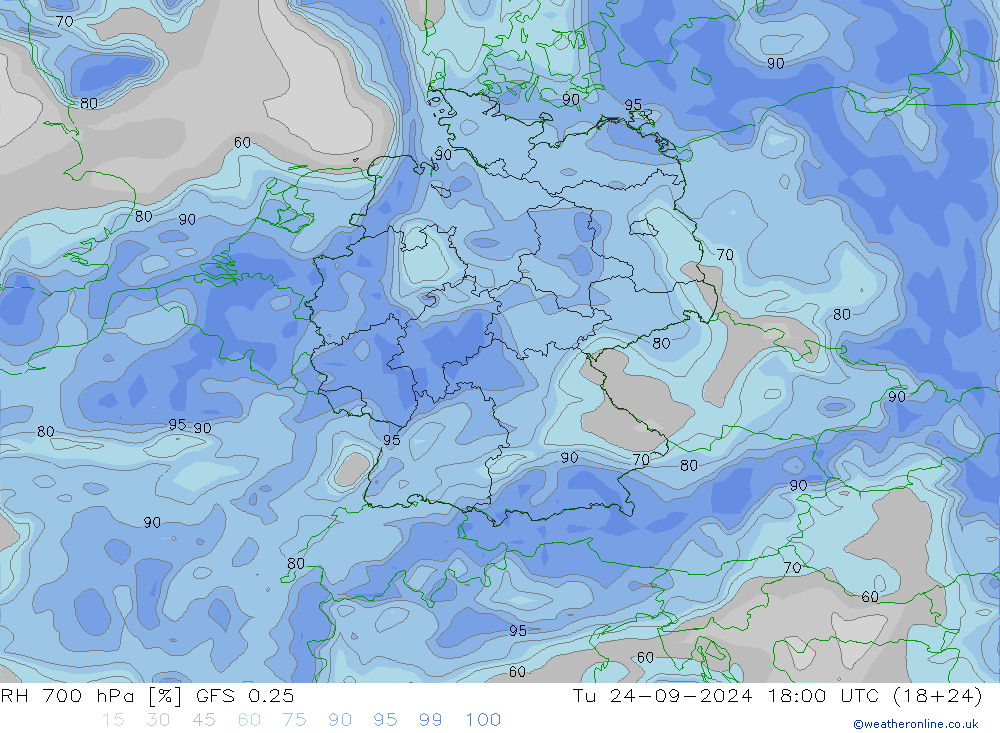 RH 700 hPa GFS 0.25 wto. 24.09.2024 18 UTC